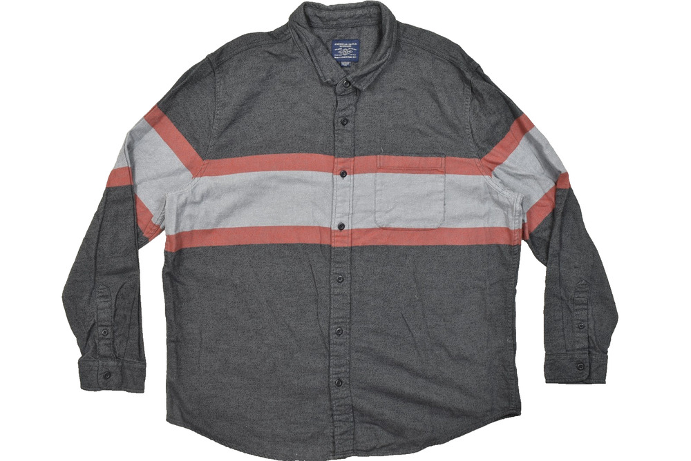 American Eagle Men Button Down Shirt XXL Gray Red Striped Long Sleeve Cotton Fla